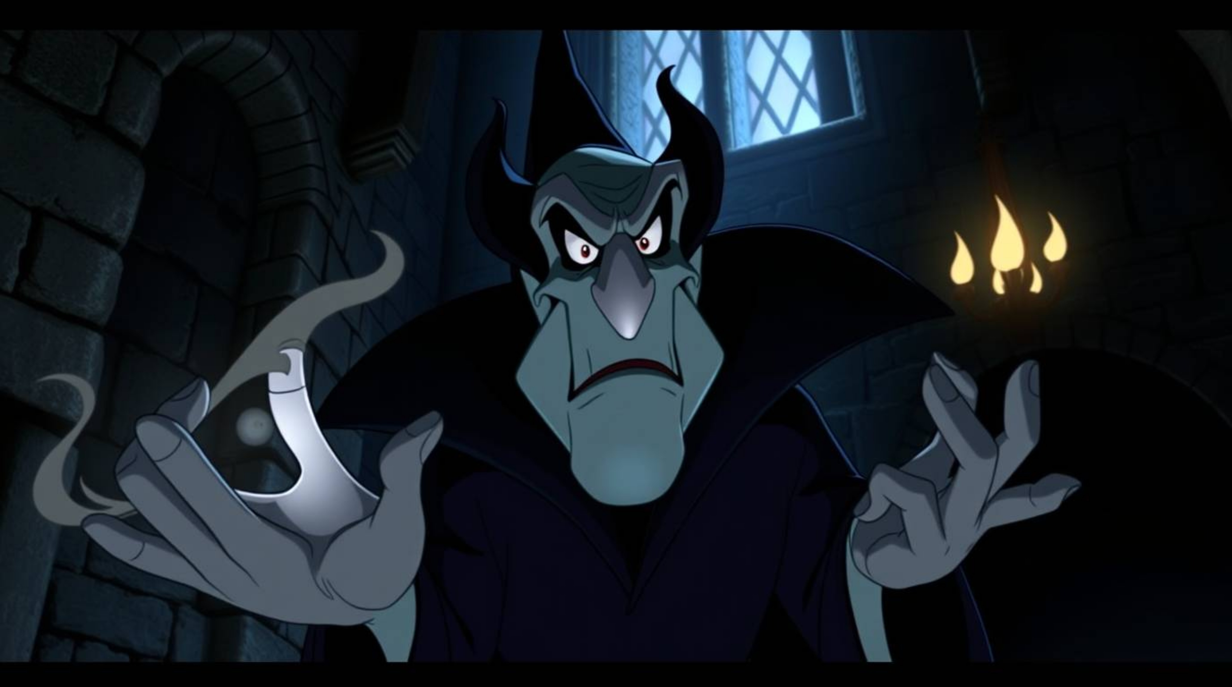 A classic Disney villain, known for exaggerated features and intensely shadowed eyes, conjures a powerful spell within the co