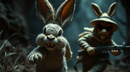 A wacky rabbit with textured fur and a mischievous grin is the star of this dramatic, cinematic scene.  He's outrunning a com