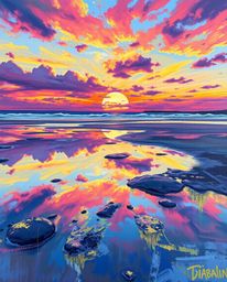 A bold acrylic painting captures a stunning sunset sky as it is mirrored in the tidal pools on a beach. The artwork is charac