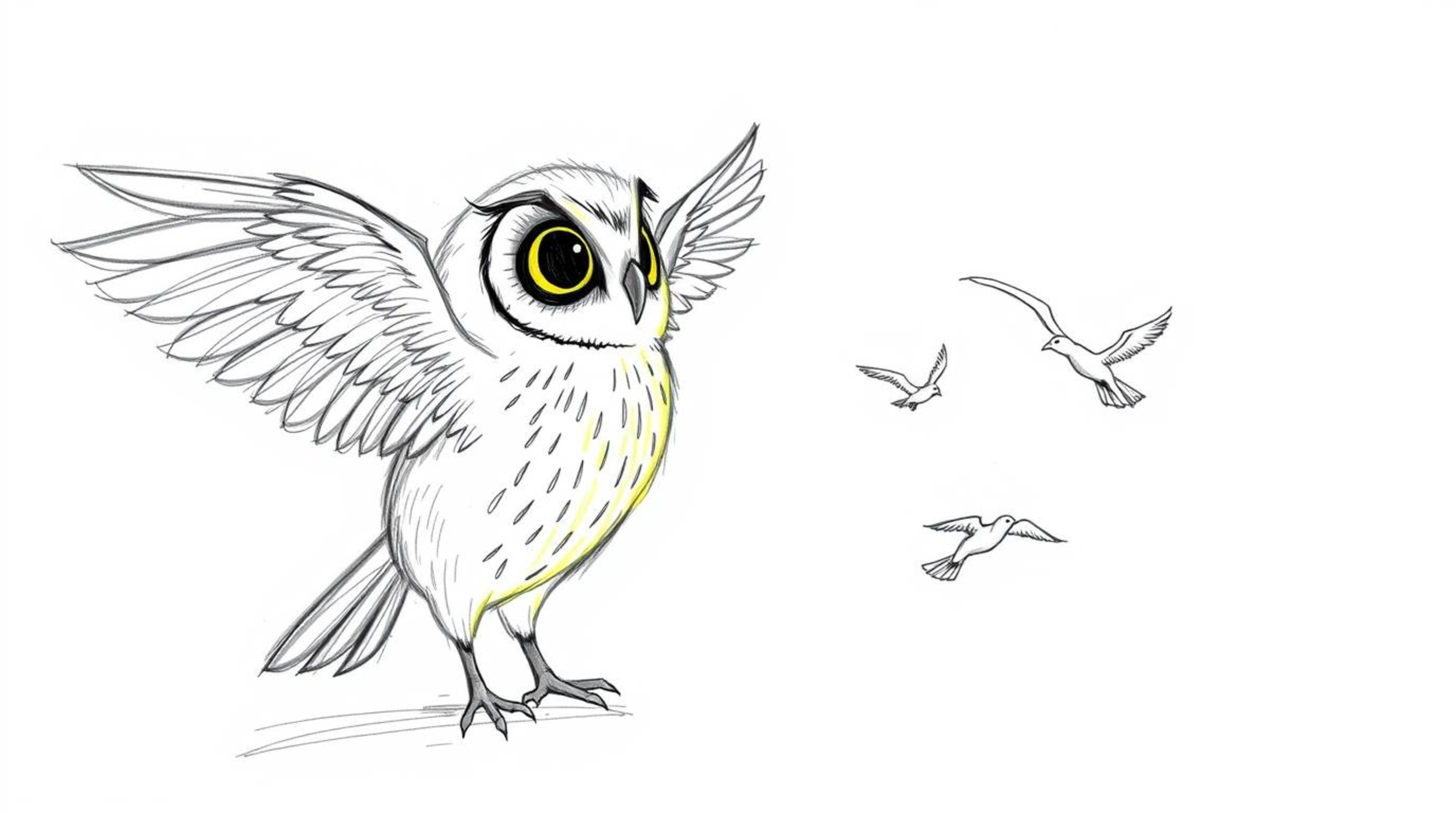 This hand-drawn sketch in the style of Pixar depicts a heartwarming scene of a blind owl with glowing feathers illuminated by