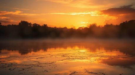 A captivating image showcasing the dramatic effect of volumetric lighting on a colorful sunset reflected in a still pond.  Bo