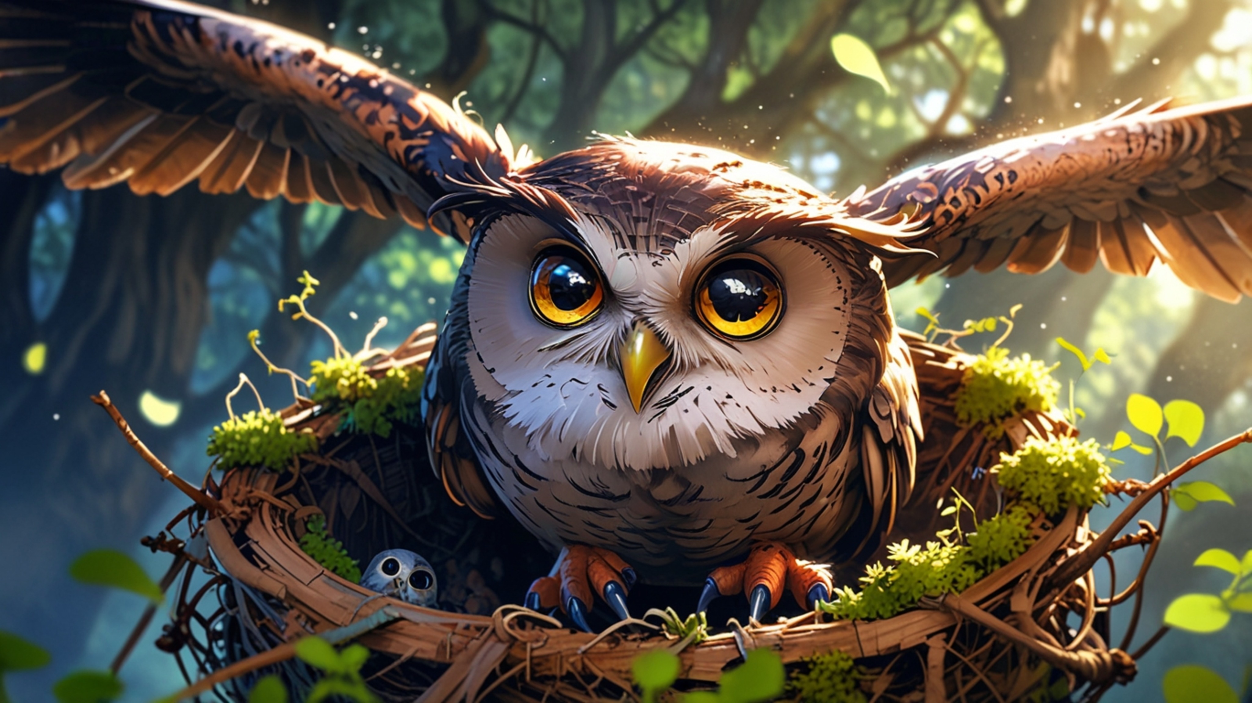 A heartwarming depiction of a blind owl in Pixar style, standing at the edge of a nest. This wise owl is patiently guiding yo