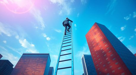 An abstract depiction of success showcases a businessperson ascending a transparent ladder that disappears into a vibrant blu
