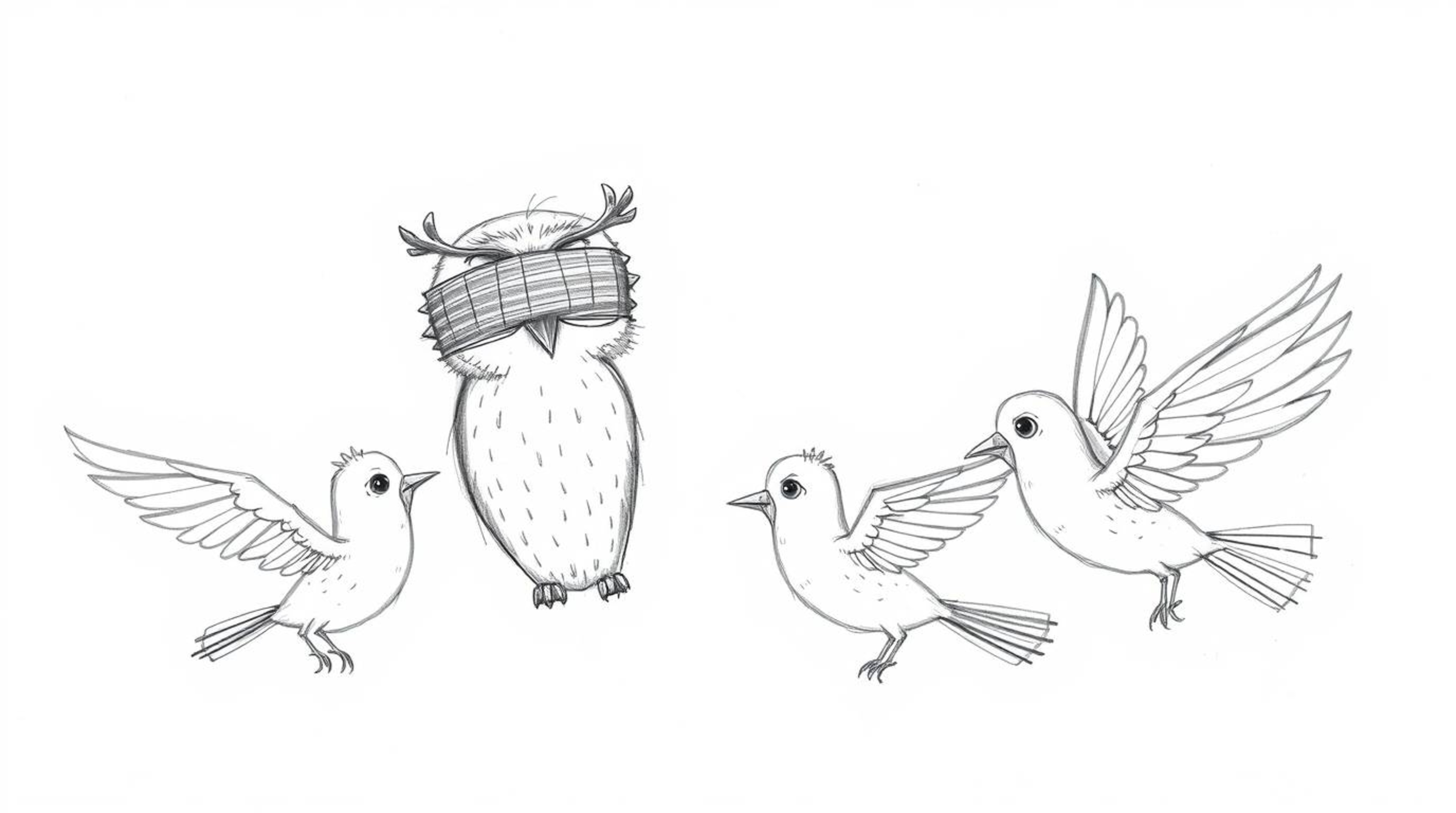 A heartwarming Pixar-inspired sketch depicts a blind owl gently guiding birds as they learn to fly. The birds, using dynamic 