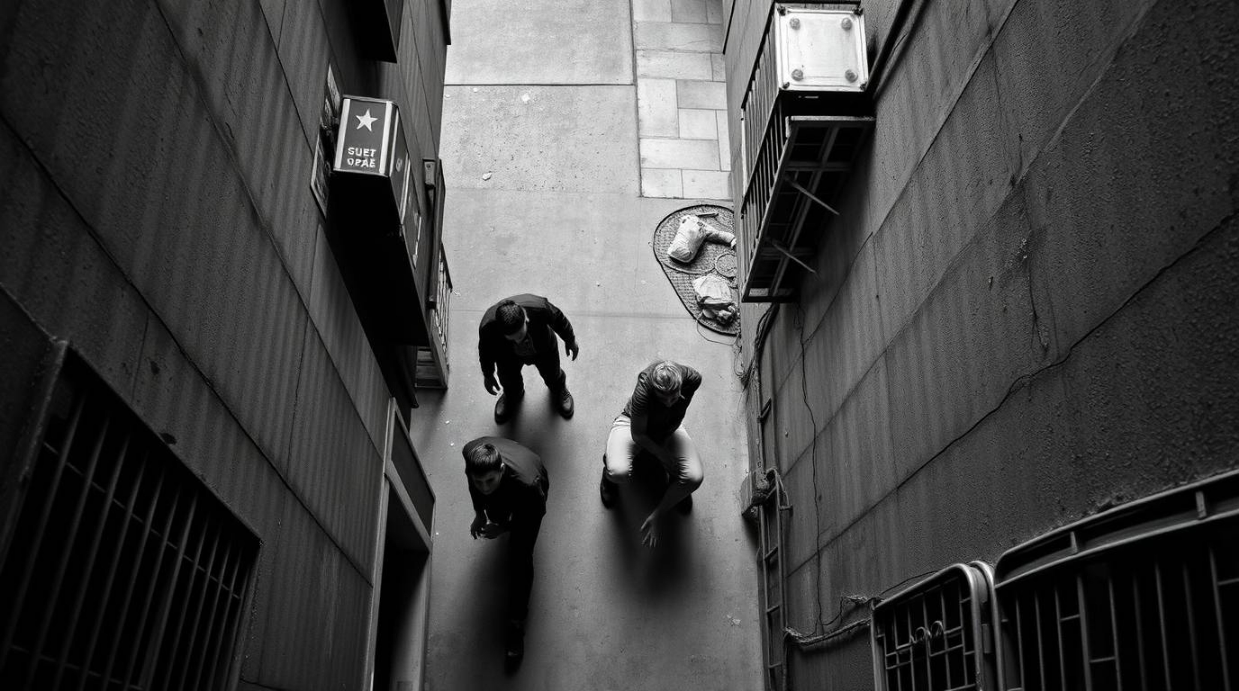 A classic black and white overhead bird's eye view captures a grungy city alley teeming with rebellious teens. The timeless a