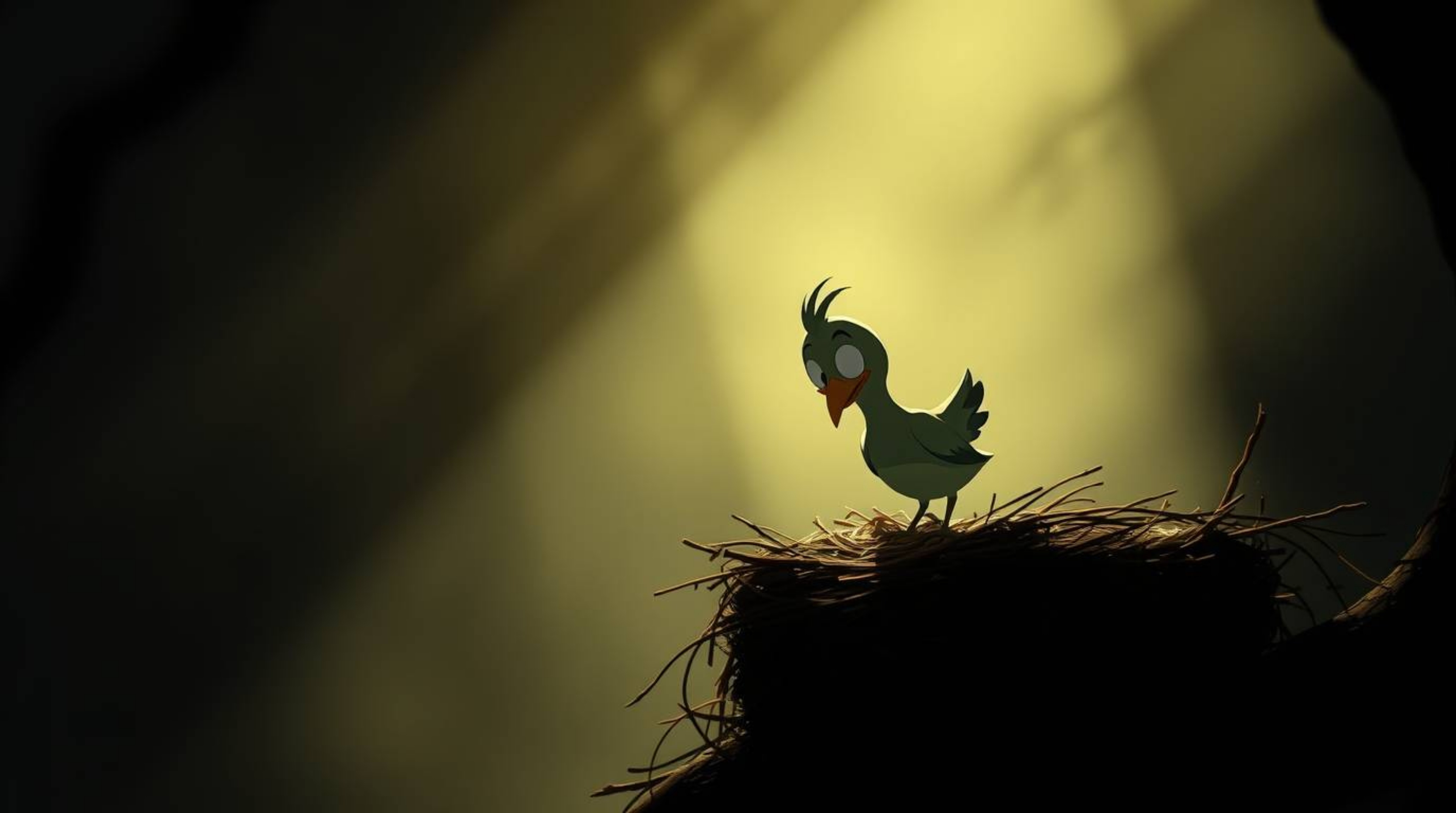 Two cartoon birds in a classic animation style are diligently building a nest, brought to life with high contrast, low-key li