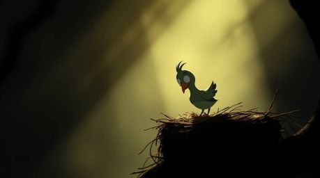 Two cartoon birds in a classic animation style are diligently building a nest, brought to life with high contrast, low-key li