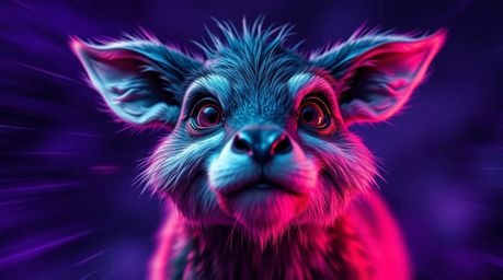 Discover stunning artwork featuring a sarcastic animal sidekick with expressive eyes and vibrant bioluminescent colors.  The 