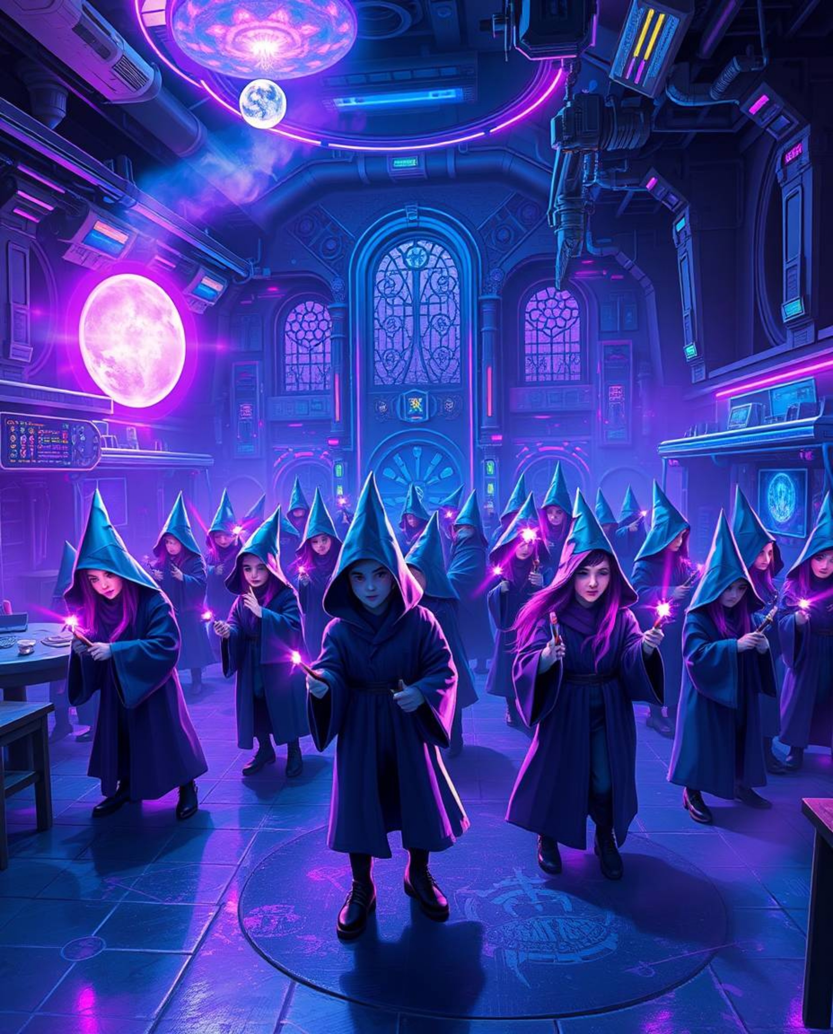 Explore a breathtaking rendition of a magical school reimagined in a futuristic, sci-fi setting. Imagine young wizards wieldi