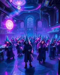 Explore a breathtaking rendition of a magical school reimagined in a futuristic, sci-fi setting. Imagine young wizards wieldi