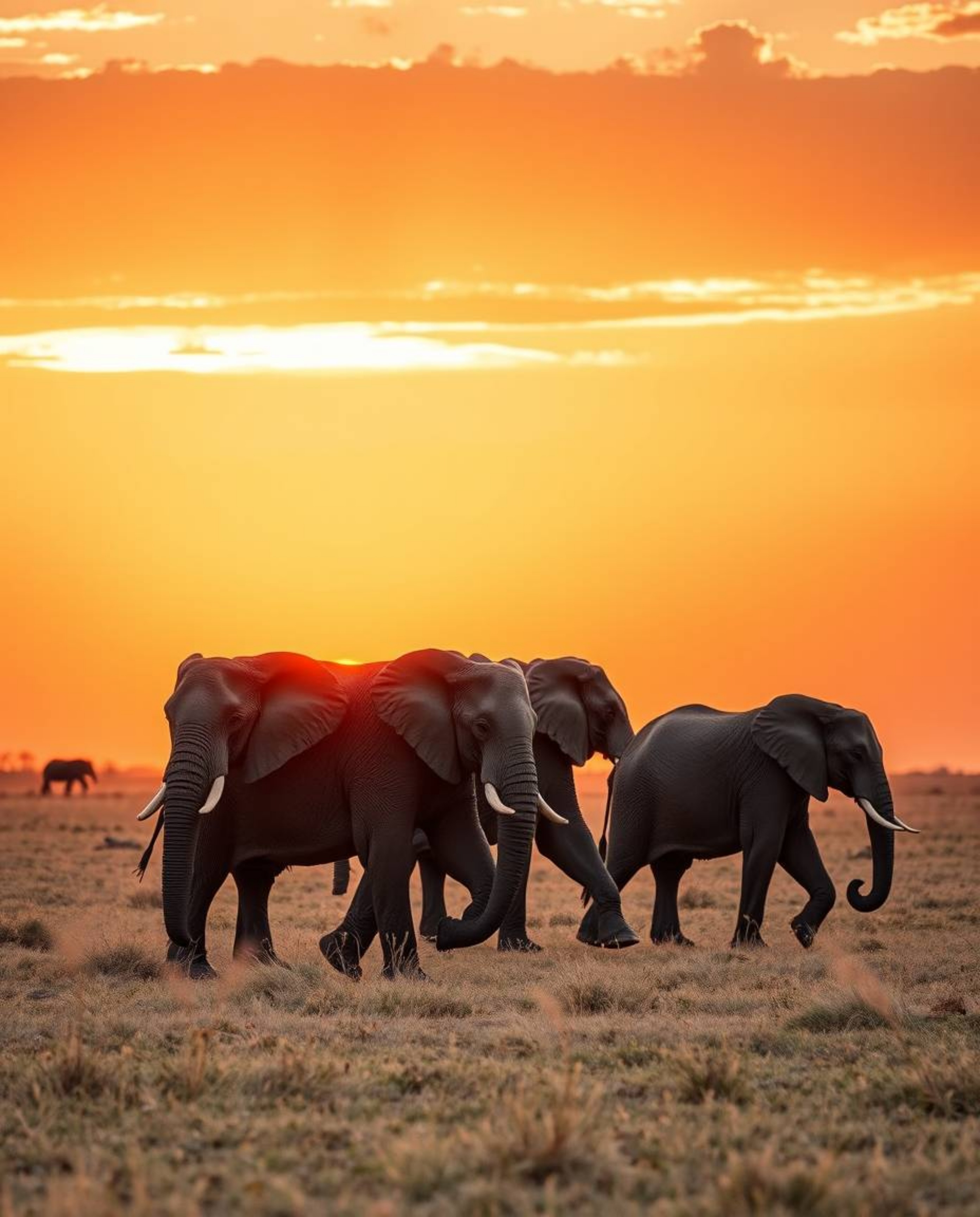 Precise architectural color photography of elephants gracefully and elegantly walking across a sunset field, featuring sharp 