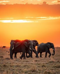 Precise architectural color photography of elephants gracefully and elegantly walking across a sunset field, featuring sharp 
