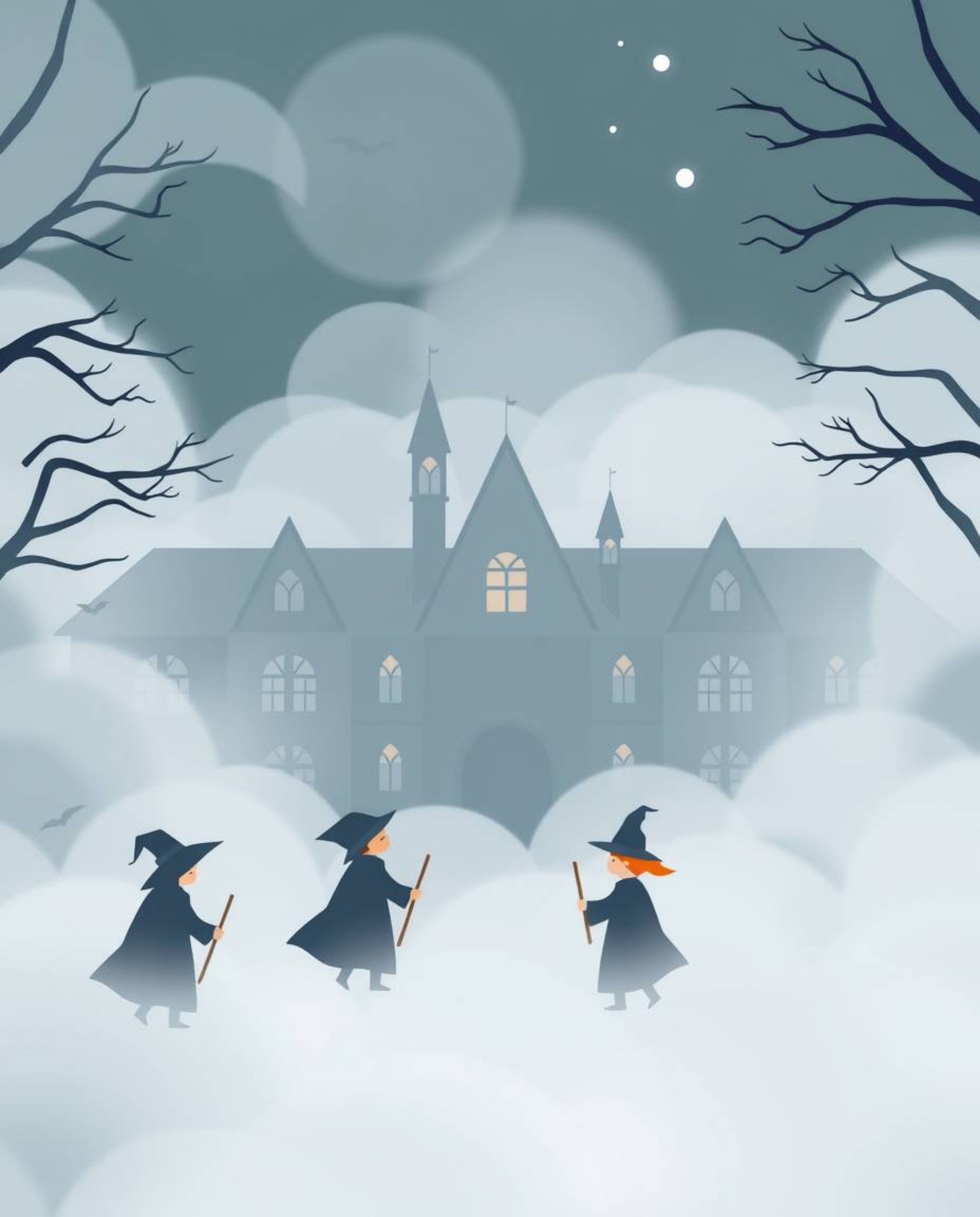Explore a modern flat design illustration of a magical school enveloped in thick fog, where young wizards are depicted with s