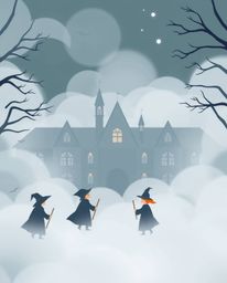 Explore a modern flat design illustration of a magical school enveloped in thick fog, where young wizards are depicted with s