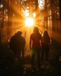 A group of friends, each possessing unique powers, embark on an enchanting adventure through a sun-drenched forest.  Bathed i