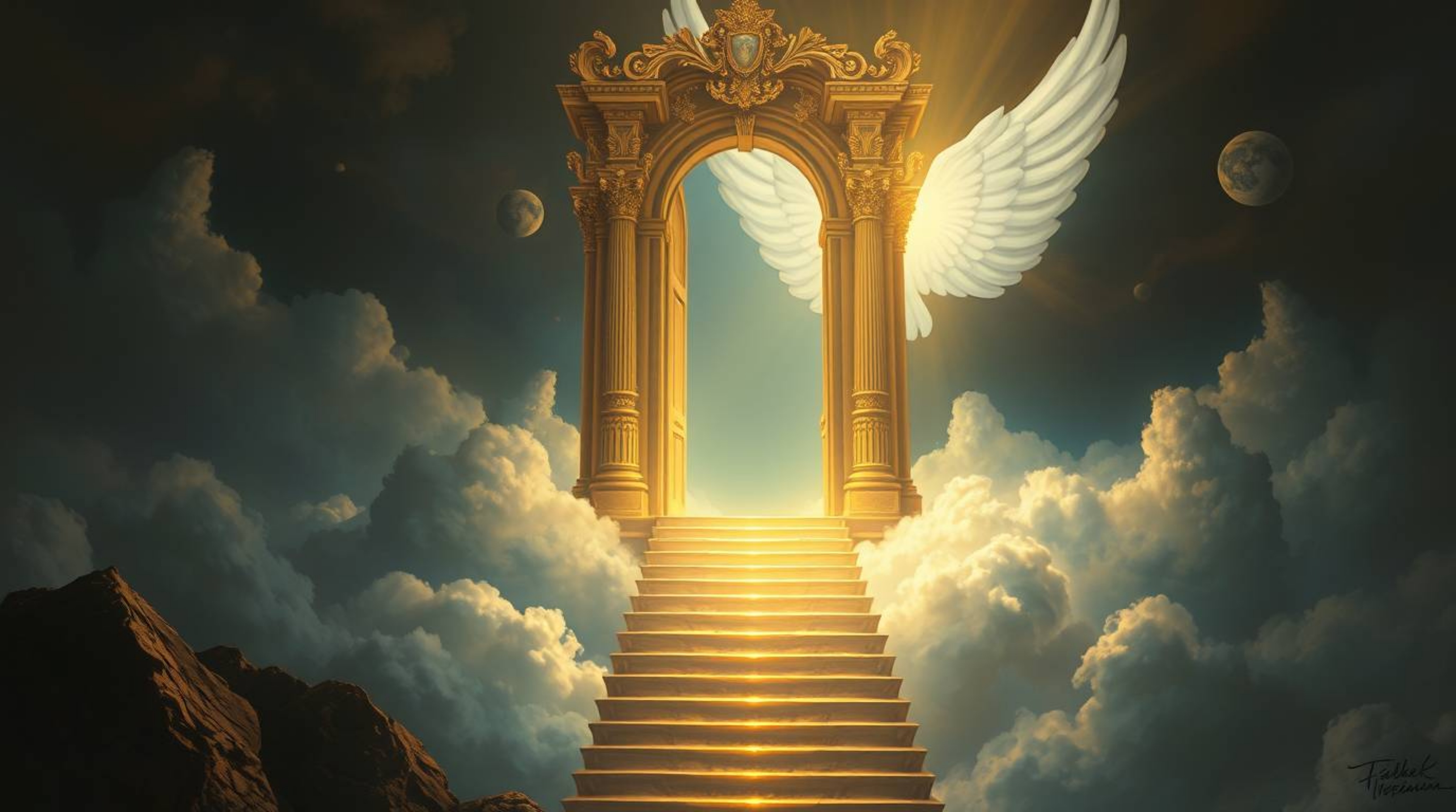 This captivating fantasy realism painting depicts a graceful and elegant heavenly gate, rendered with refined features and fl