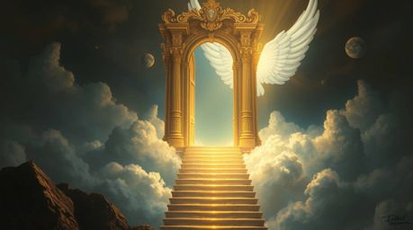 This captivating fantasy realism painting depicts a graceful and elegant heavenly gate, rendered with refined features and fl