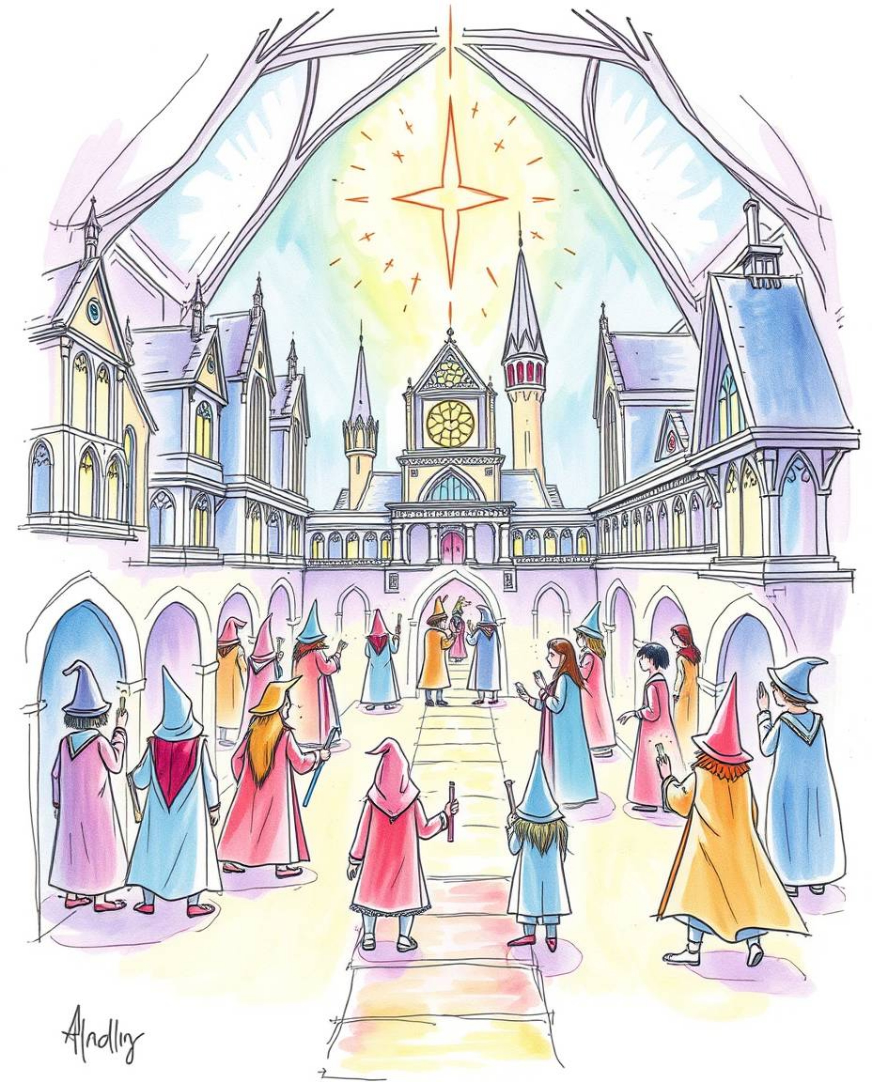 Explore a hand-drawn sketch of a magical school brimming with young wizards, rendered in a colorful sketchnote style with an 