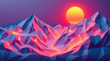 Intricate origami-style artwork featuring snow-covered mountains bathed in the warm glow of a pastel sunset is brought to lif