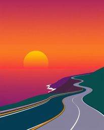 A modern flat design illustration captures a sunset sky over a winding coastal highway. This piece is defined by its simple t