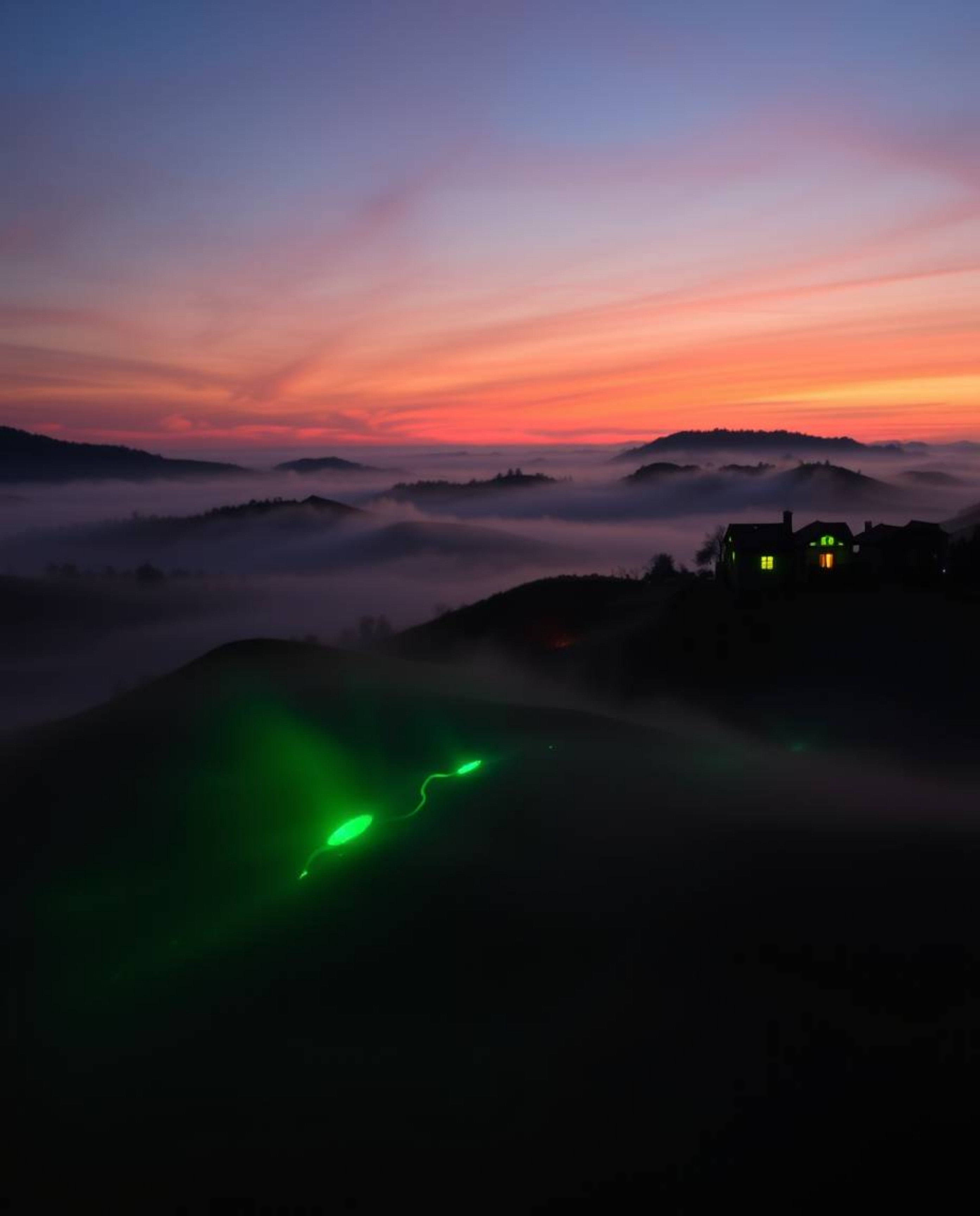 Adorable and charming glowing bioluminescent colors illuminate a sunset over misty Tuscan hills, showcasing natural light eff