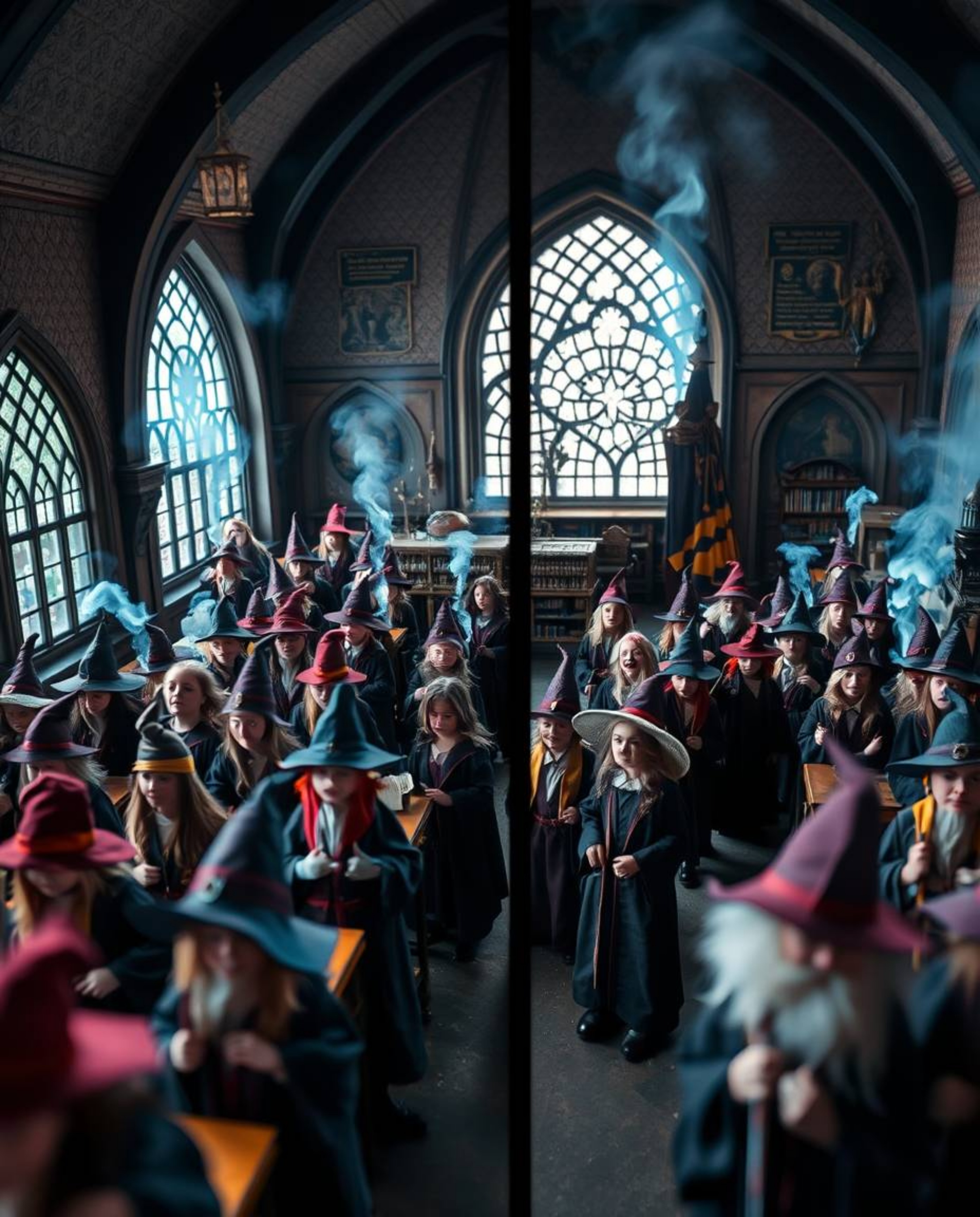 Explore a magical school teeming with young wizards in this distinct, split extreme macro close-up photograph. Emphasizing in