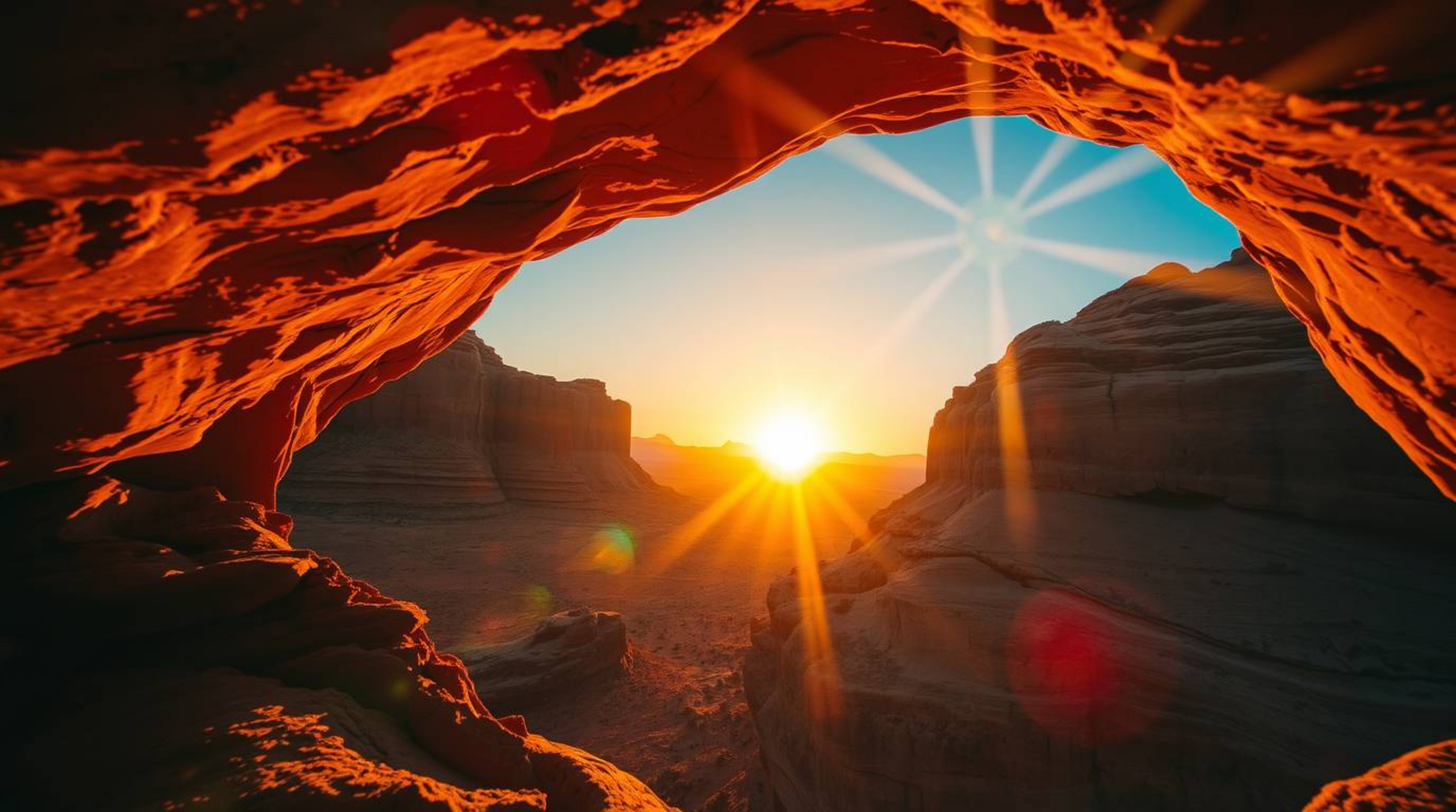 Experience the vibrant energy of a desert sunset captured through a natural rock arch. This overhead shot showcases the stunn