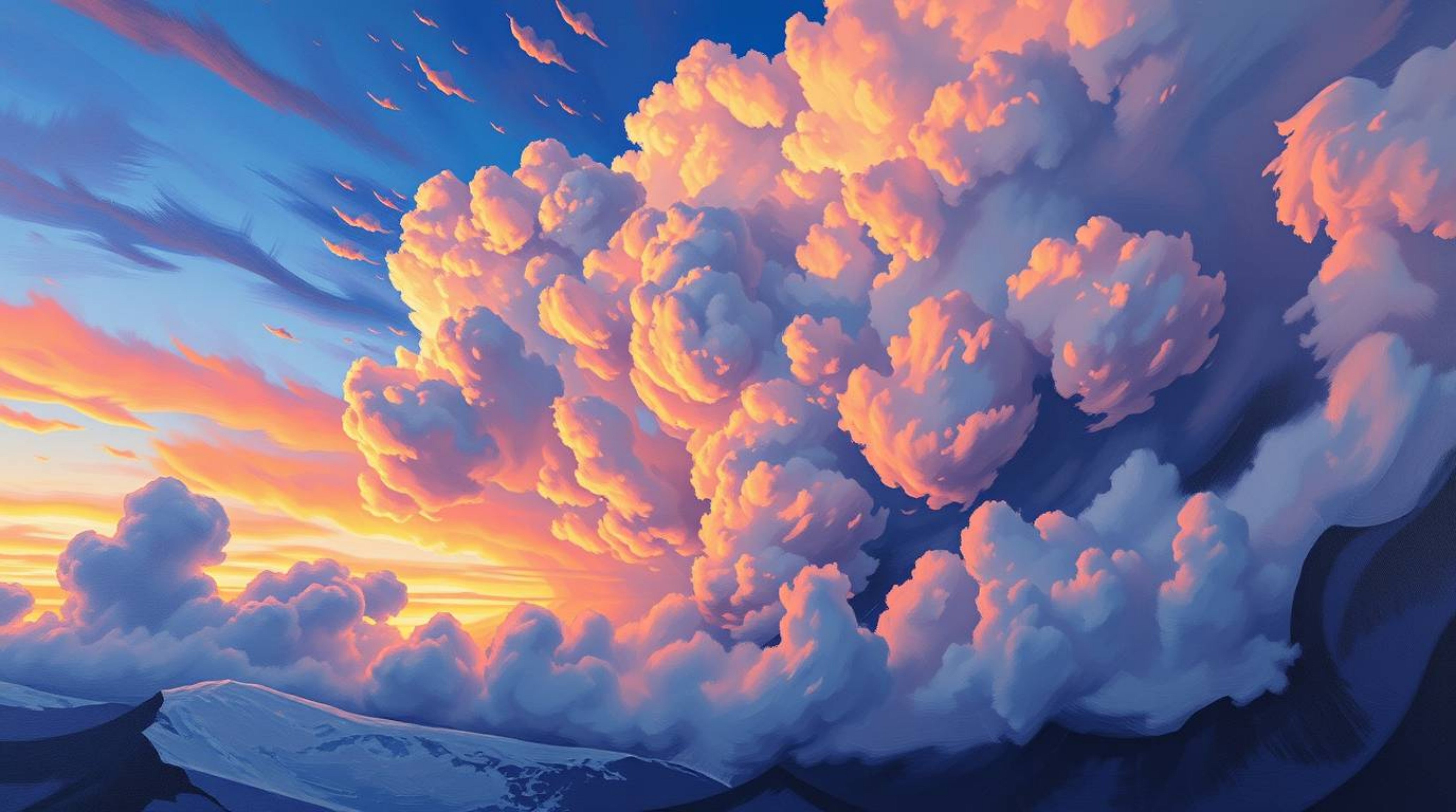 A high-angle acrylic painting captures the drama of vibrant thunderstorm clouds brilliantly illuminated by the setting sun.  