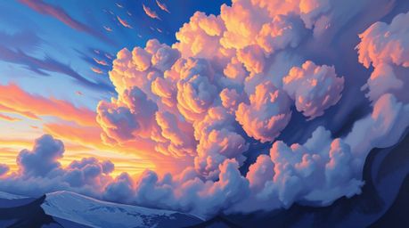 A high-angle acrylic painting captures the drama of vibrant thunderstorm clouds brilliantly illuminated by the setting sun.  
