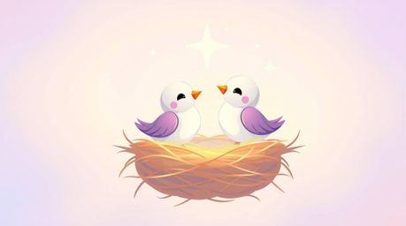 Experience the beauty of iridescent colors in a modern flat design animation featuring two cartoon birds building a nest. The