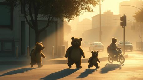 Experience the whimsical urban adventure of a bear family, captured in a soft, dreamy atmosphere punctuated by the dramatic i