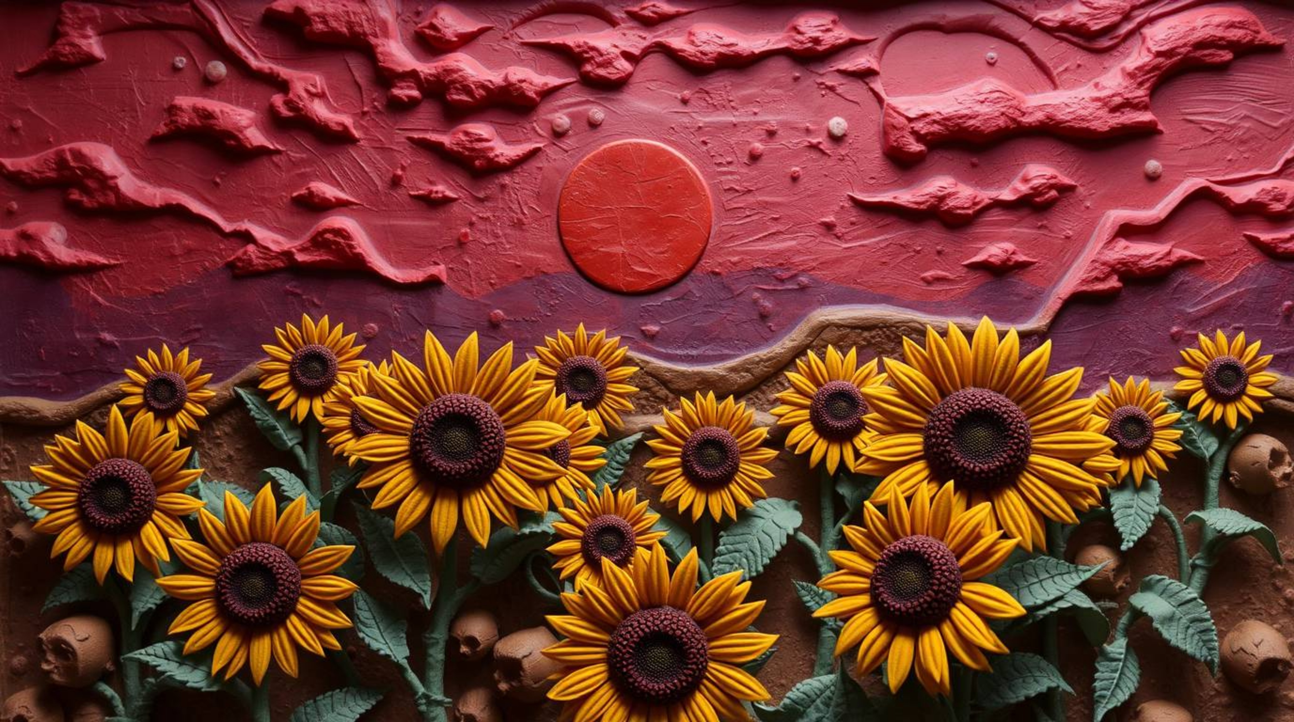 This captivating sculptural clay artwork portrays a vibrant sunflower field bathed under a deep red and purple sky, creating 