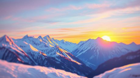 A stunning bold acrylic painting depicts snow-covered mountains bathed in the warm glow of a pastel sunset.  The image featur