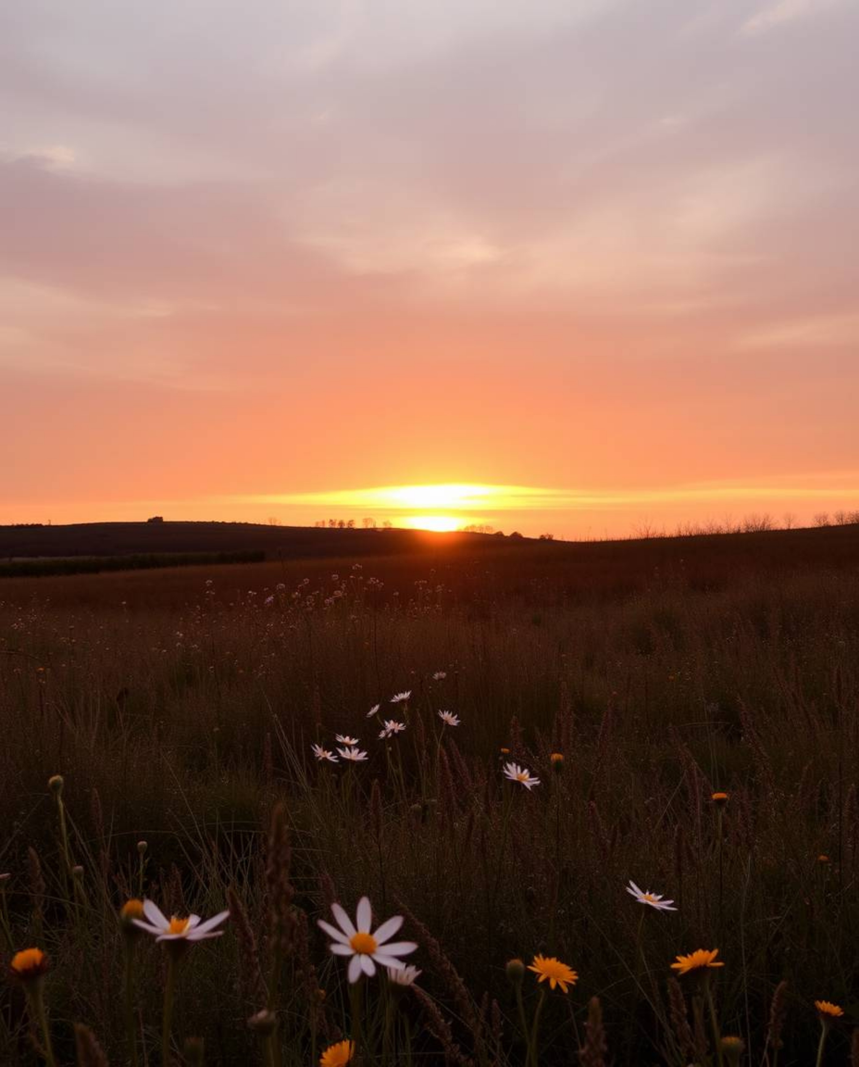 This photograph captures a serene sunset over a spring wildflower meadow, rendered in a palette of natural earth tones. The s