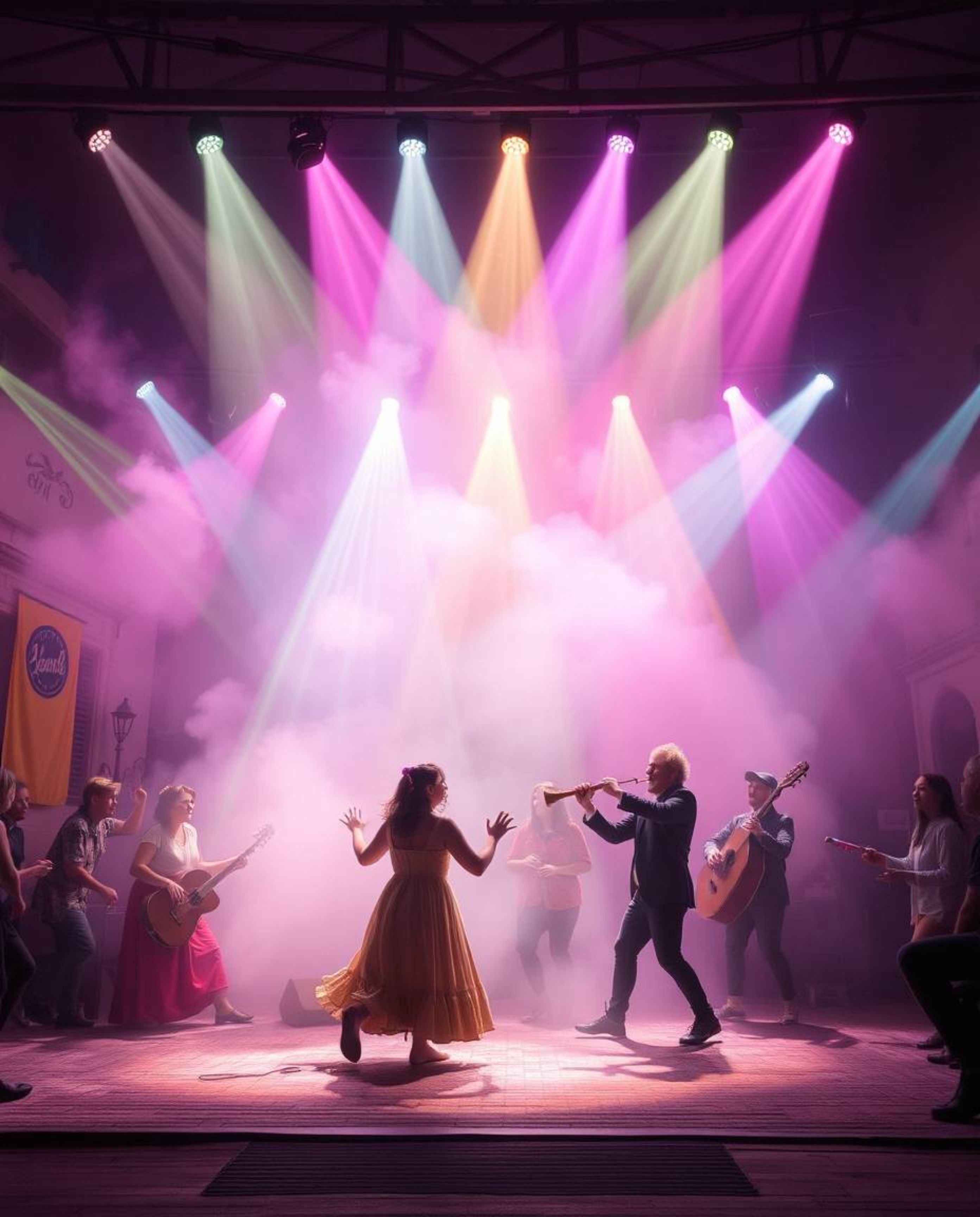 A captivating musical number unfolds in a vibrant town square, bathed in soft pastel-colored volumetric lighting. Dust motes 