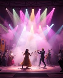 A captivating musical number unfolds in a vibrant town square, bathed in soft pastel-colored volumetric lighting. Dust motes 