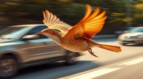 A depiction of a graceful and elegant fast-running bird soaring past traffic, rendered in a vibrant palette of warm reds, ora