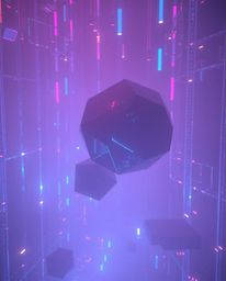 Immerse yourself in a mesmerizing digital landscape featuring iridescent geometric shapes floating within a thick, foggy cybe