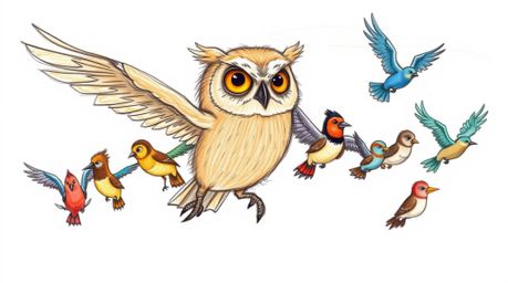 A heartwarming hand-drawn sketch in the style of Pixar depicts a gentle, brown blind owl leading a diverse classroom of vibra