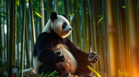 This high-resolution stock photo features a captivating scene of a martial artist panda meditating peacefully within a lush b