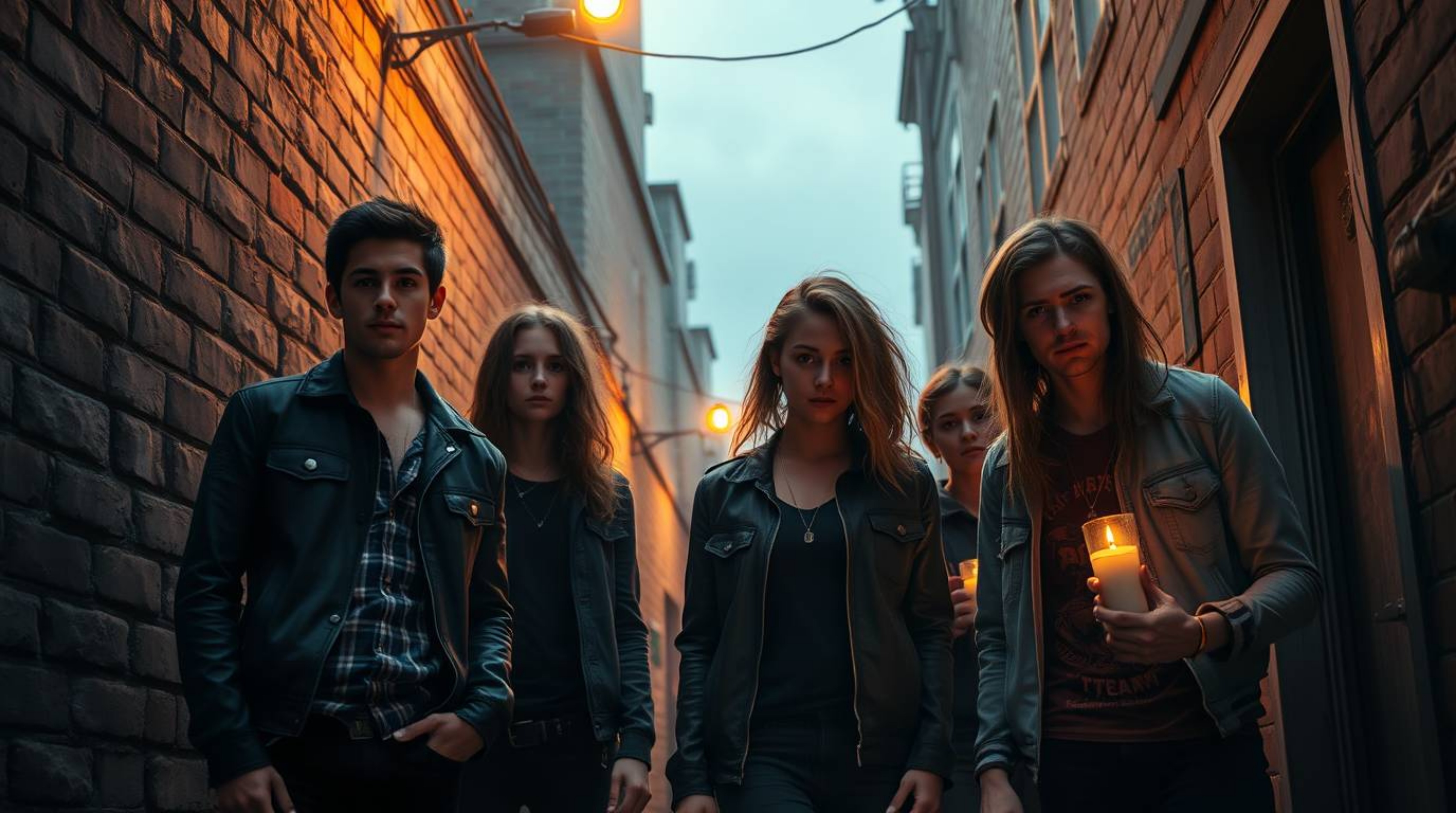 A captivating high-resolution stock photo depicts rebellious teens in a grungy city alley, bathed in warm candlelight.  The i