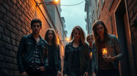 A captivating high-resolution stock photo depicts rebellious teens in a grungy city alley, bathed in warm candlelight.  The i