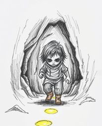 A captivating hand-drawn sketch depicts a child with dark features venturing into a cave, guided by a trail of glowing footst