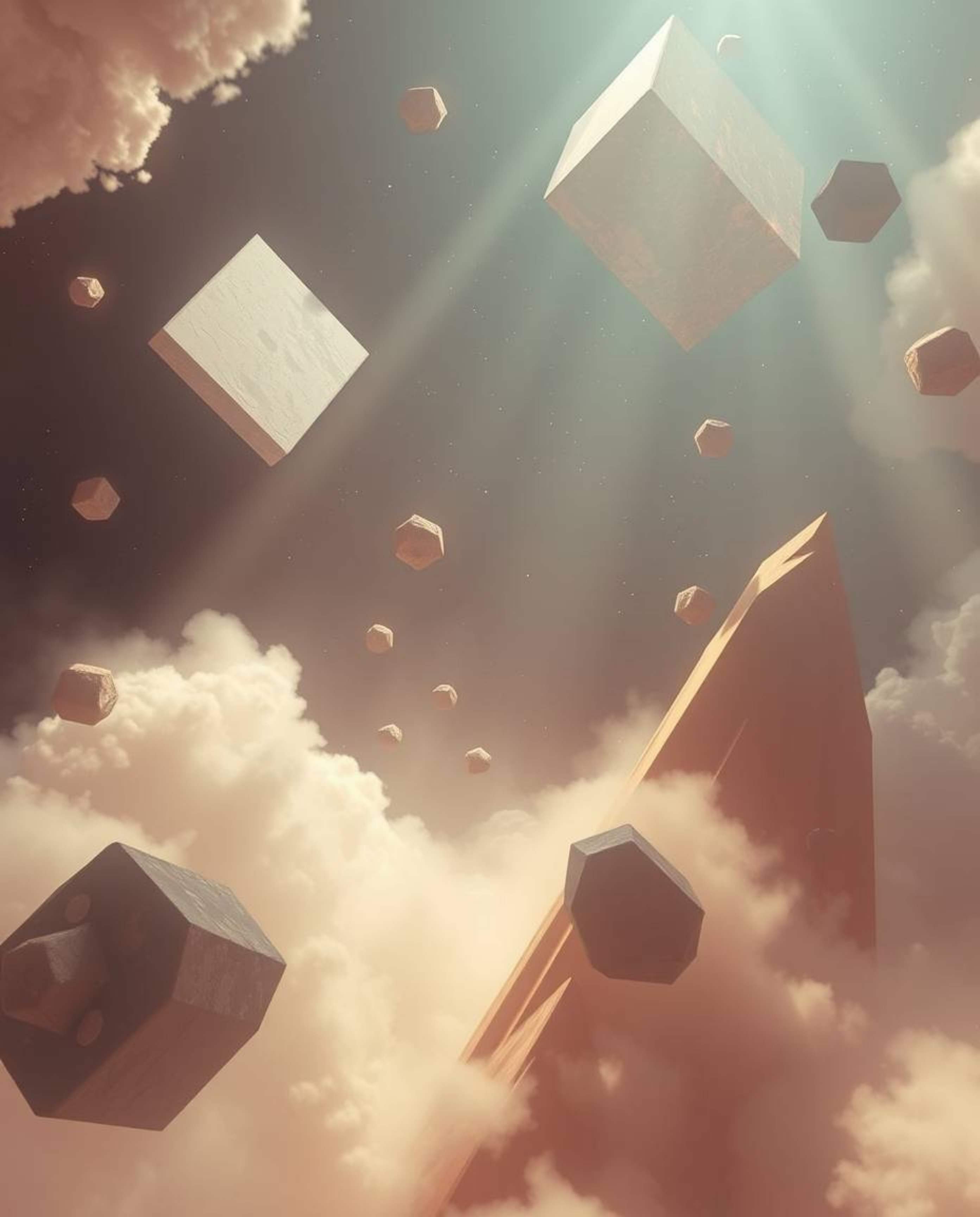 Immerse yourself in a dreamlike realm with this surreal digital art piece. Featuring abstract 3D shapes gracefully floating i
