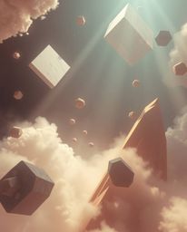 Immerse yourself in a dreamlike realm with this surreal digital art piece. Featuring abstract 3D shapes gracefully floating i