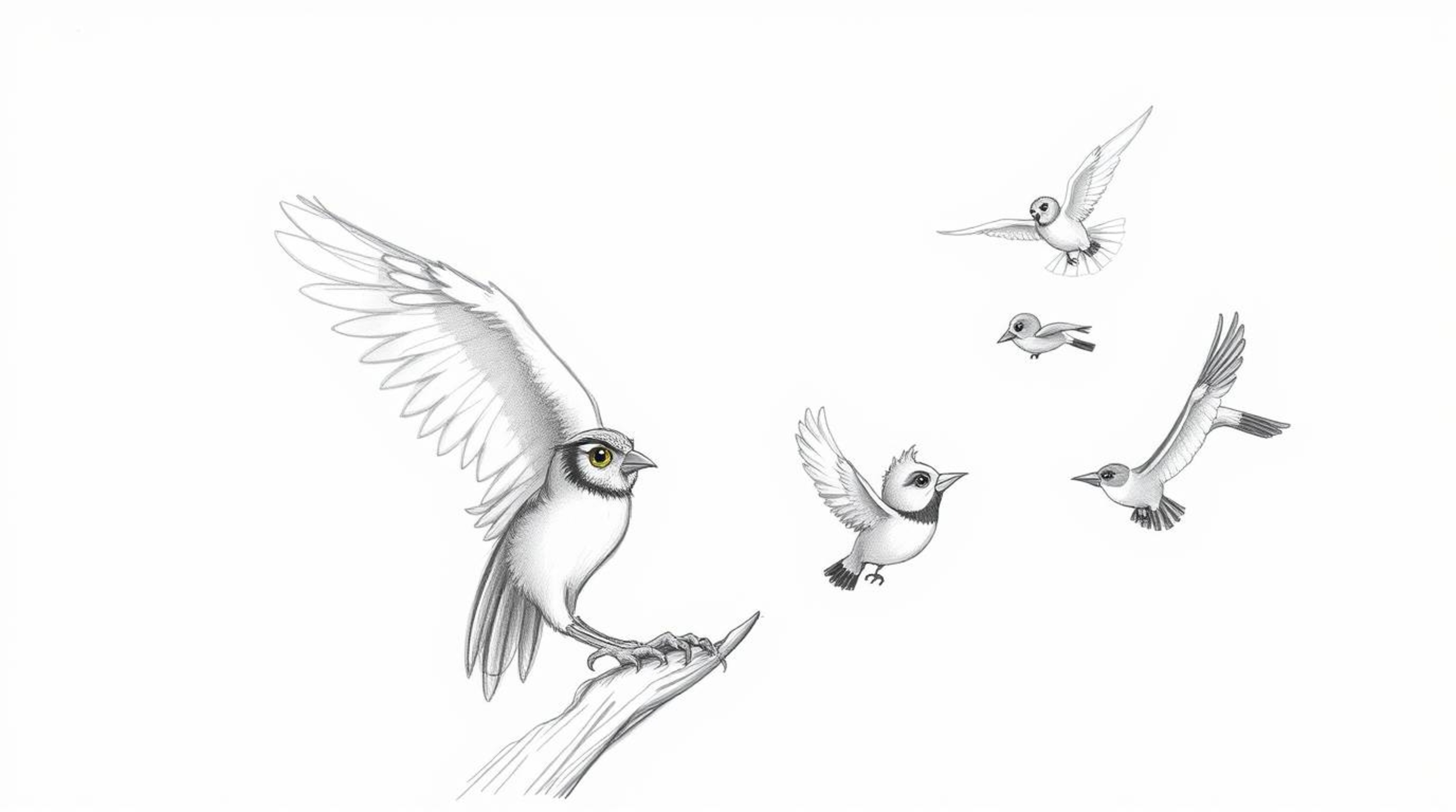 A heartwarming hand-drawn pencil sketch in the style of Pixar, depicting a wise, blind owl with soft feathers gently guiding 