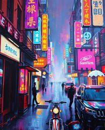 Immerse yourself in a cyberpunk street scene depicted in a classic oil painting style, rendered with a tight close-up and a p