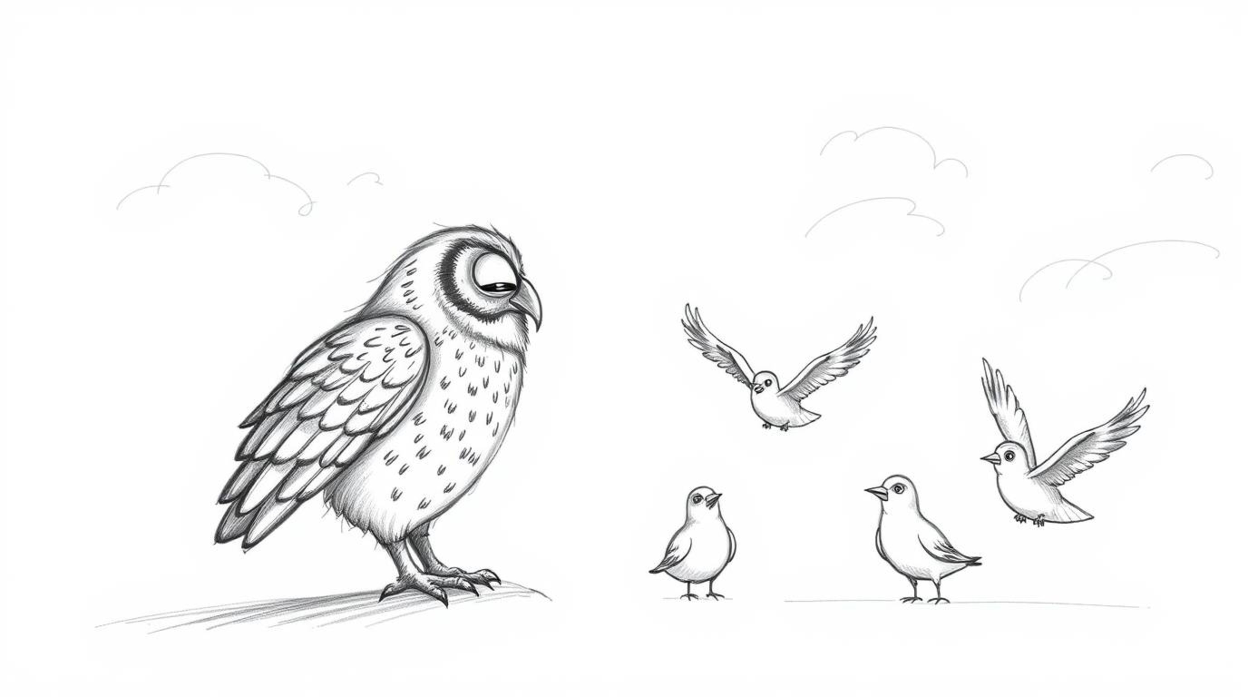 A captivating hand-drawn sketch portrays a blind owl, rendered in the style of Pixar animation with textured pencil strokes a