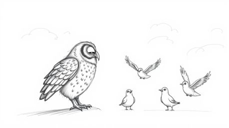 A captivating hand-drawn sketch portrays a blind owl, rendered in the style of Pixar animation with textured pencil strokes a