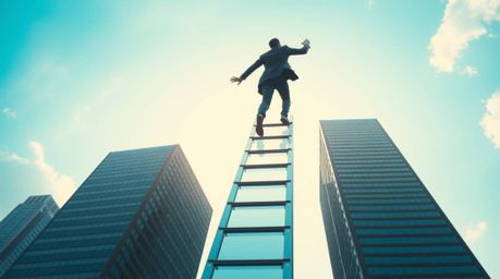 An abstract concept of success is visually represented by a businessperson gracefully climbing a transparent ladder that seem